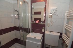 a bathroom with a toilet and a sink and a shower at Apartament Supercentral Sibiu in Sibiu