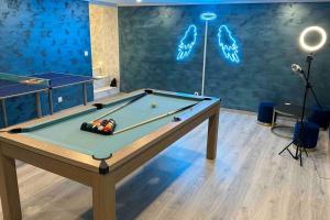 een kamer met een pooltafel en tafeltennisballen bij Villa Spacieuse SPA Sauna Billiard Netflix in Straatsburg