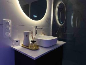a bathroom with a white sink and a mirror at Villa Spacieuse SPA Sauna Billiard Netflix in Strasbourg