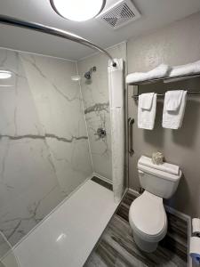a bathroom with a toilet and a shower at Days Inn by Wyndham Emporia in Emporia