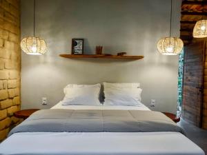 sypialnia z dużym łóżkiem z dwoma światłami w obiekcie Vila Floresta - Chalé Pato Mergulhão w mieście Alto Paraíso de Goiás