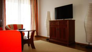 a living room with a flat screen tv on a cabinet at Apartament Parkowy in Kielce