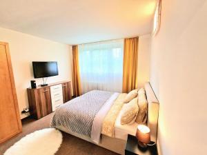 Dormitorio pequeño con cama y TV en Wellness Gold apartment with Private SAUNA & JACUZZI, en Praga