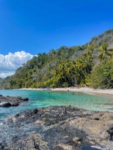 uma praia com pessoas nadando na água em Hotel Costa Coral em Tambor