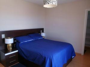 1 dormitorio con cama azul y manta azul en Sucre Bellavista en Sucre