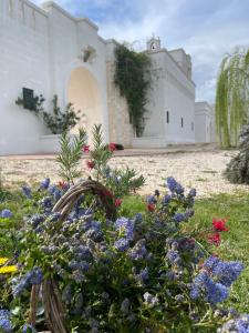 un jardín con flores frente a un edificio en Masseria Almadava en Polignano a Mare