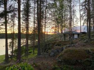 a cabin in the woods next to a body of water at Villa Hyppykallio, LaatuLomat in Juva