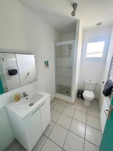 a white bathroom with a toilet and a sink at Le pont T3 étoilé avec jacuzzi in Saint-Méloir-des-Ondes