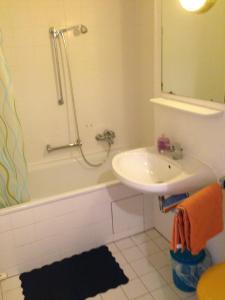 uma casa de banho com um lavatório e um chuveiro com um espelho. em Apartment Berliner Strasse em Leipzig