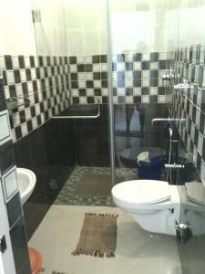 a bathroom with a shower and a toilet and a sink at Nathans Holiday Home in Cochin