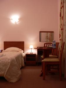 sypialnia z łóżkiem, biurkiem i krzesłem w obiekcie Pensjonat Lira w mieście Krynica Zdrój