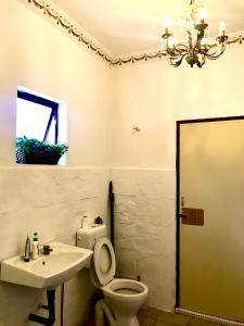 ein Badezimmer mit einem WC, einem Waschbecken und einem Kronleuchter in der Unterkunft Eco Resort Beverly Hills in Ipoh
