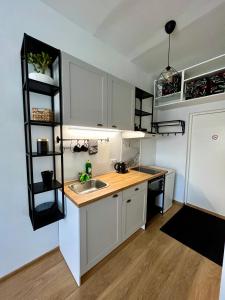 a small kitchen with a sink and a counter at Savi Apartment 4 in Pärnu