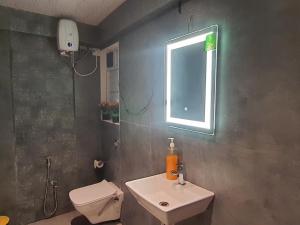 OSI Apartments Andheri East في مومباي: حمام مع حوض ومرحاض ونافذة
