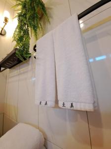 2 asciugamani sono appesi a un muro in bagno di Chi Mei Homestay a Green Island Altre 37 foto