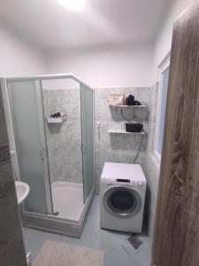 een badkamer met een douche en een wasmachine bij The Loft in Koper