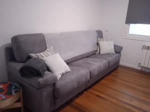 - un canapé gris avec des oreillers dans le salon dans l'établissement O Refuxio de Sigüeiro # a 10 min de Santiago, à Sigüeiro