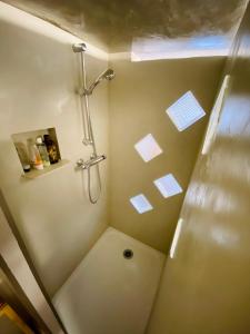 uma pequena casa de banho com chuveiro e WC em Jolie chambre indépendante em Limoges