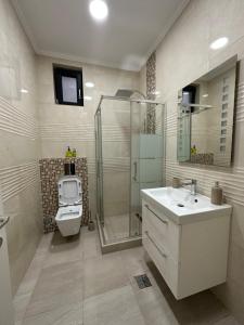 Un baño con ducha, lavabo e inodoro. en Golden Garden Luxury Apartment in Bucharest, en Bucarest 22 fotos más