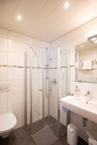 a bathroom with a shower and a sink and a toilet at Gästehaus Grünäugl am See in Gstadt am Chiemsee