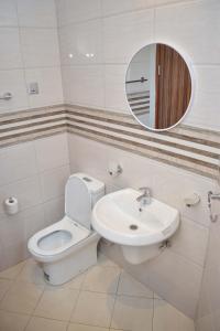 a bathroom with a toilet and a sink and a mirror at Le Cottage Mbale in Mbale +11 photos