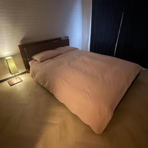 大阪的住宿－茶隐の宿，卧室配有一张床和一盏灯,位于地板上