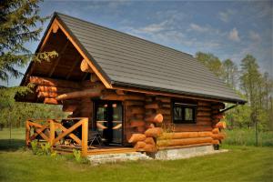 a log cabin with a black roof at Domek z bala MAZURY, bezpośredni dostęp do jeziora, plaża, pomost in Szczytno