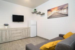 ein Wohnzimmer mit einem Sofa und einem TV in der Unterkunft Monolocale Glicine in Schisò