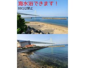 a bridge over the water and a beach at Tiz wan 明石大橋 in Awaji