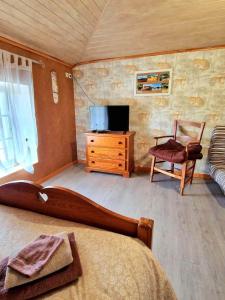 a bedroom with a bed and a tv and a chair at Le Domaine de Laurolie in Gaujacq