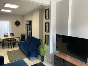 a living room with a blue couch and a flat screen tv at Diament Apartment in Krynica Zdrój
