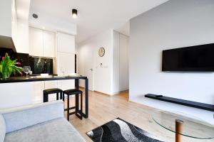 a living room with a couch and a table and a tv at Rakowicka Apartments in Krakow