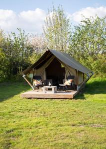 uma tenda com duas cadeiras e uma mesa num campo em Safaritent Lodge 2 (2 persoons) em Ruurlo