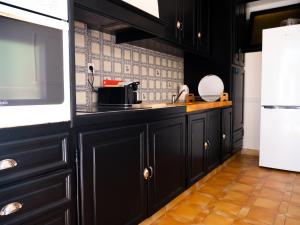 a kitchen with black cabinets and a white refrigerator at Le RELAIS DE LEZAT in Lézat-sur-Lèze +9 photos