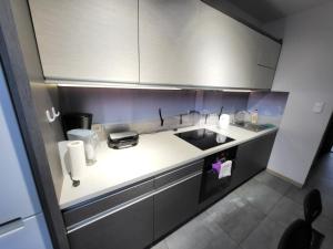 a small kitchen with a sink and a counter top at Apartament Julia Łeba in Łeba