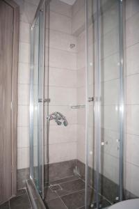 a shower with a glass door in a bathroom at Sea View Frini Lefkada in Lefkada Town