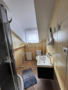 a small bathroom with a sink and a toilet at Apartament Julia Łeba Kwiatowa in Łeba