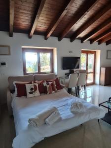 a bedroom with a large white bed with pillows at Penthouse Andrea in Meina