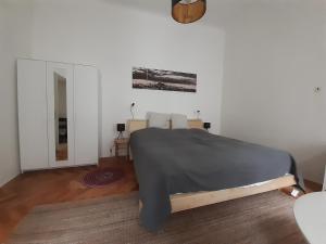 een slaapkamer met een bed in een witte kamer bij Soukromý pokoj v srdci Prahy in Praag