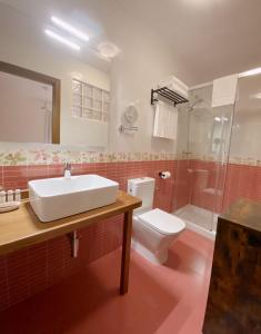 a bathroom with a sink and a toilet and a shower at Hotel Rural Candela y Plata in Puerto de Béjar