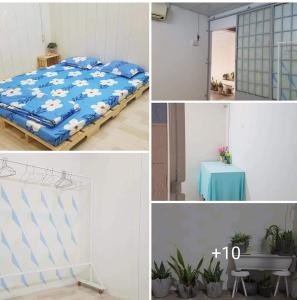 eine Collage mit Bildern eines Schlafzimmers mit einem Bett in der Unterkunft Homestay HP Rạch Giá in Rạch Giá