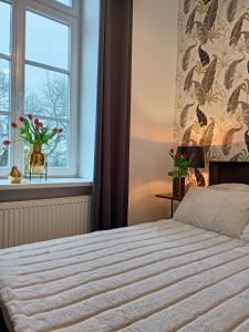 1 dormitorio con cama y ventana en Apartament blisko dwóch jezior na Warmii i Mazurach, en Biskupiec