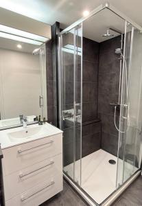 La salle de bains est pourvue d'une douche et d'un lavabo. dans l'établissement Vivez la Marina - Plage - Port de plaisance, au Havre