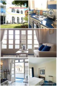eine Collage mit Fotos von einer Küche und einem Wohnzimmer in der Unterkunft L'Atelier del Pittore Apartment in Taormina