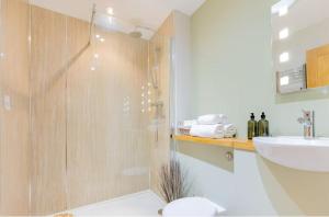 a bathroom with a shower and a toilet and a sink at Woodside Apartments in St Andrews