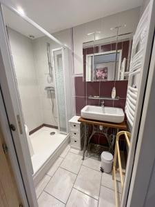een badkamer met een wastafel, een douche en een bad bij Les Meublés du Rocher - Près du parc LE PAL in Bourbon-Lancy