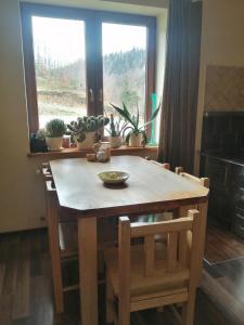 stół jadalny z krzesłami i roślinami na oknie w obiekcie Noclegi Na Smaguli w Korbielowie