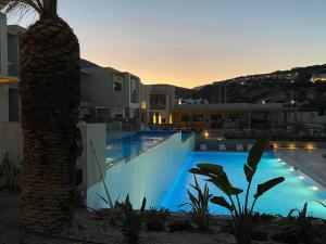 een zwembad met een palmboom naast een gebouw bij Helios Beach Hotel & Bungalows in Karpathos