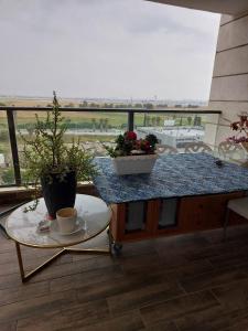 a table with a cup of coffee and plants on a balcony at Dudger home in Yehud