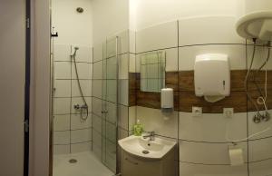 a bathroom with a sink and a shower at Czarna Owca- Pokoje Gościnne in Gniezno +32 photos